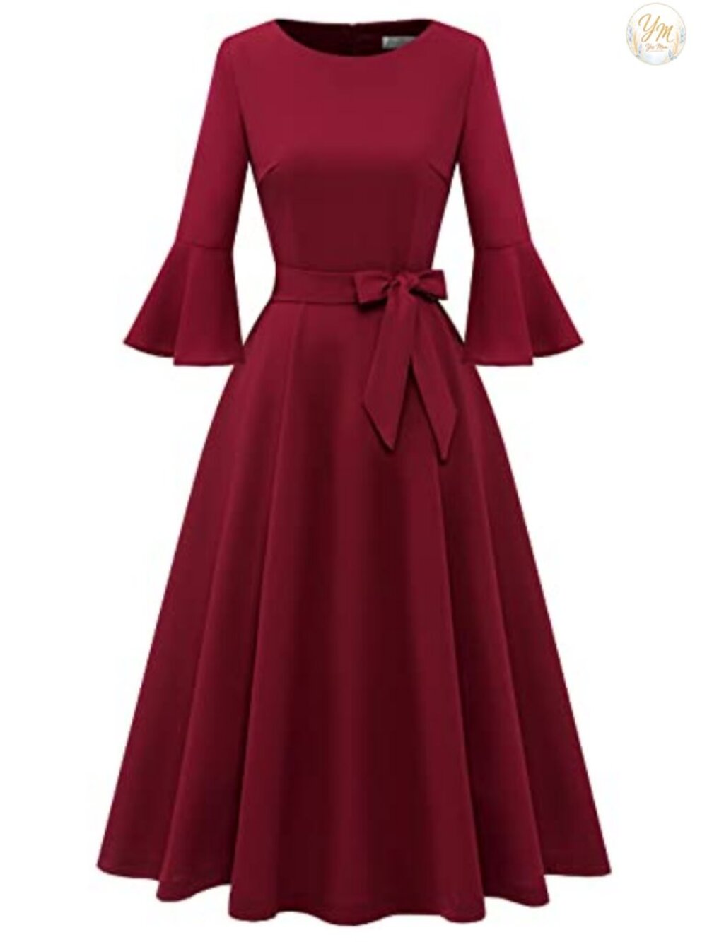 Vintage Bell Sleeve Midi Dress A-Line Modest Wedding Guest Cocktail